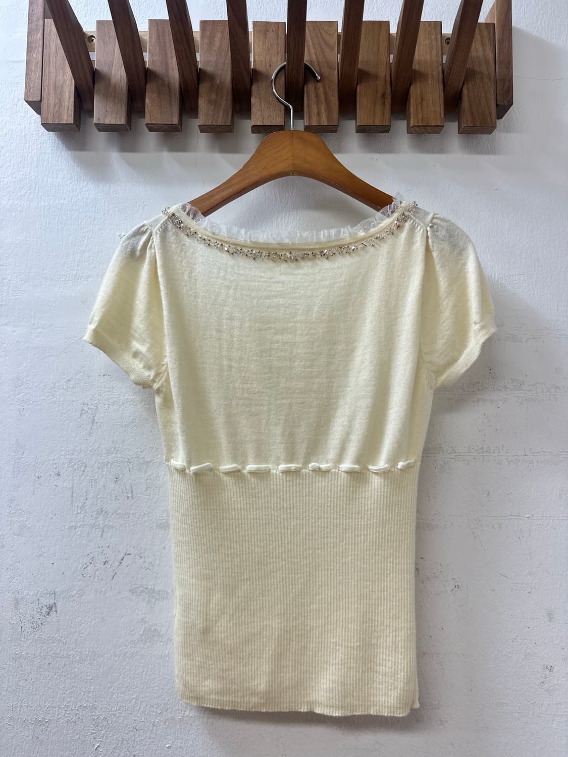 일본빈티지 FEROUX 울 100% 비즈 디테일 반팔 니트 탑 상품이미지4