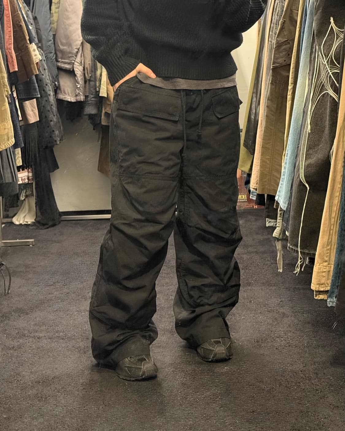 ETCE 더블니 라운지 카고 파라슈트 블랙 와이드 나일론 워크 팬츠 M 상품이미지1