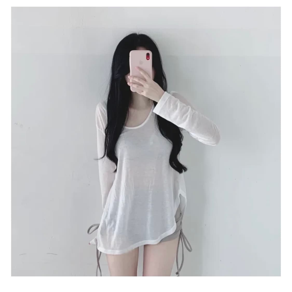 시스루 사이드 버튼 유넥 슬리브 - 화이트 상품이미지1