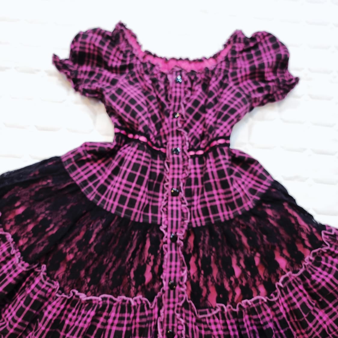 핑크 체크 블랙 레이스 고스로리 원피스 상품이미지4