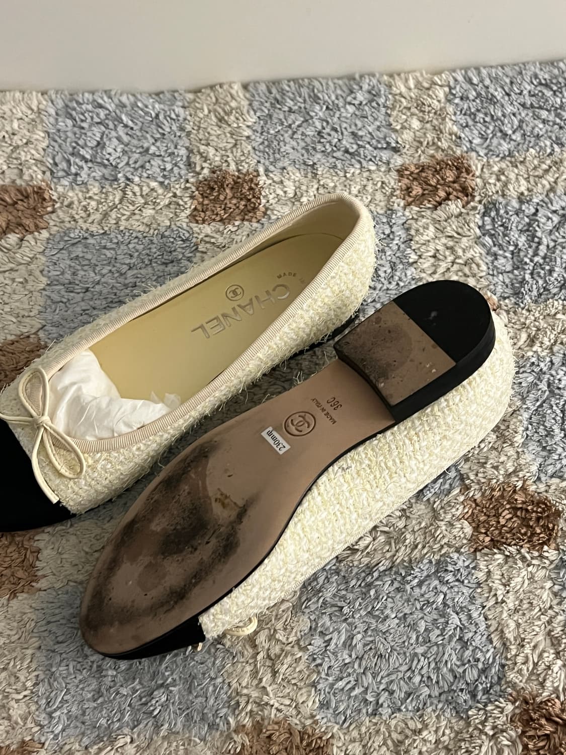 샤넬 발레리나 플랫 코튼 트위드 그로그랭 & 라이트 옐로우 블랙 상품이미지2