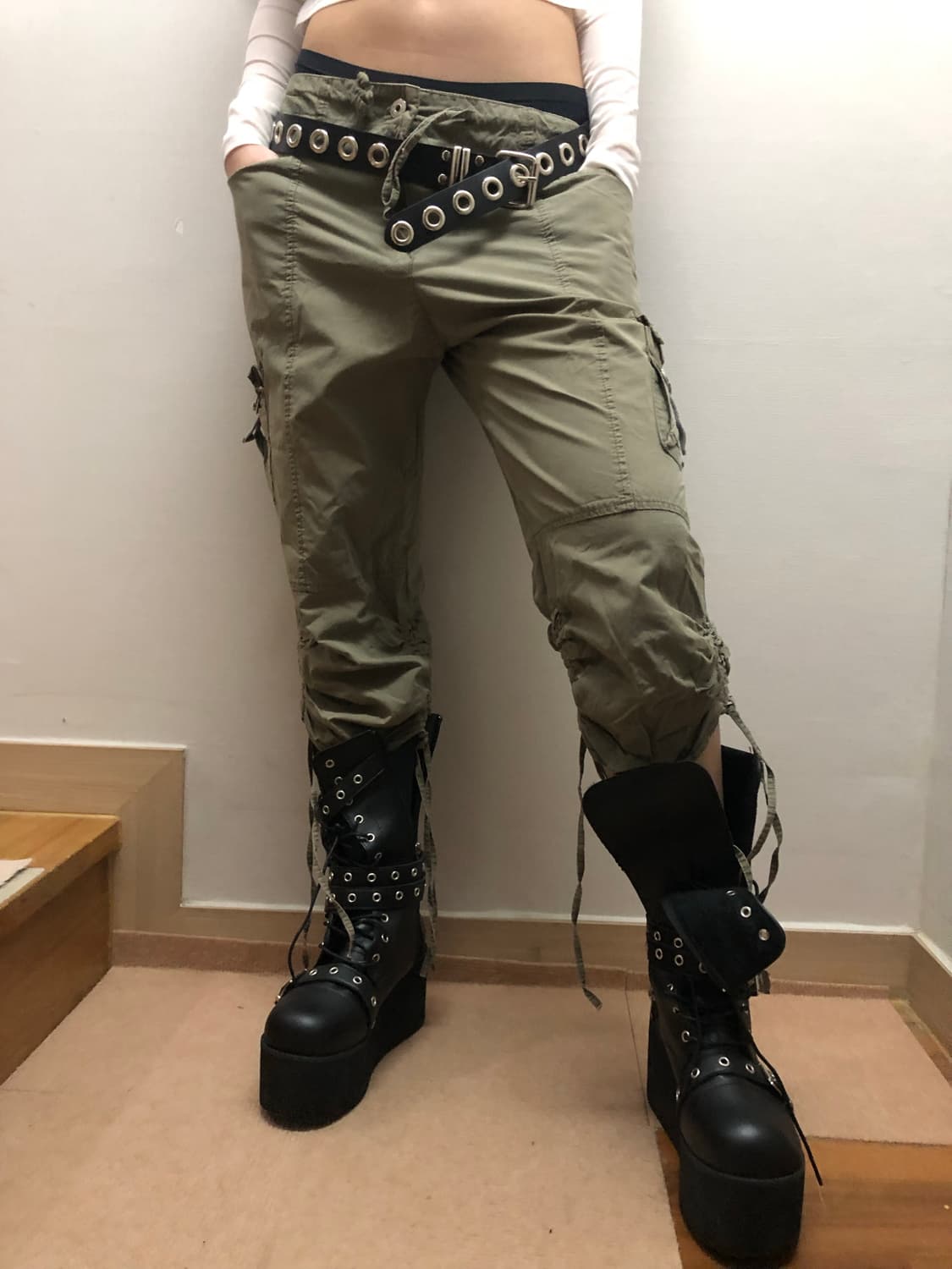 빈티지 카키 카고 셔링 카프리 팬츠 상품이미지8