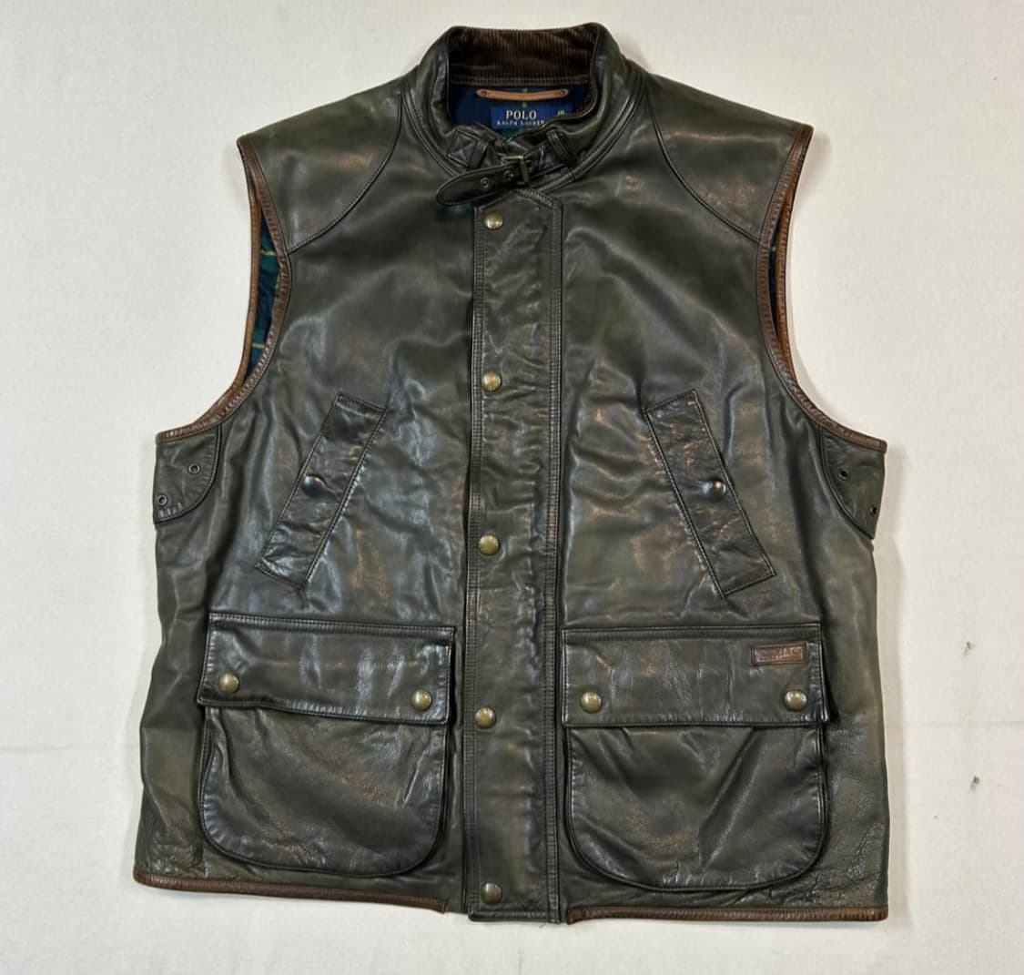 폴로 랄프로렌 블랙와치 올리브 소가죽레더 조끼 XS 상품이미지1
