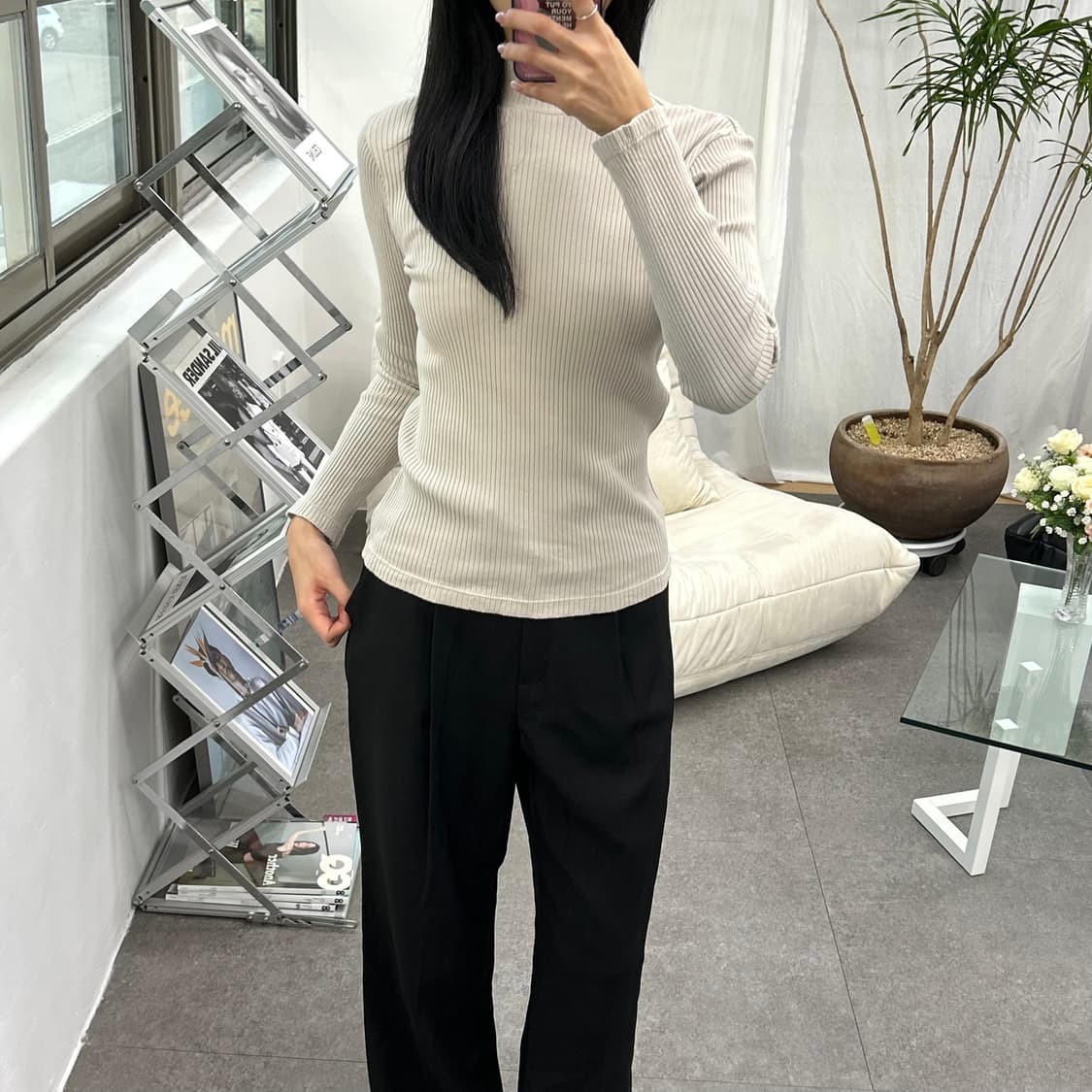 유니클로 아이보리 골지 하프넥 니트 베이직 이너웨이 상품이미지1