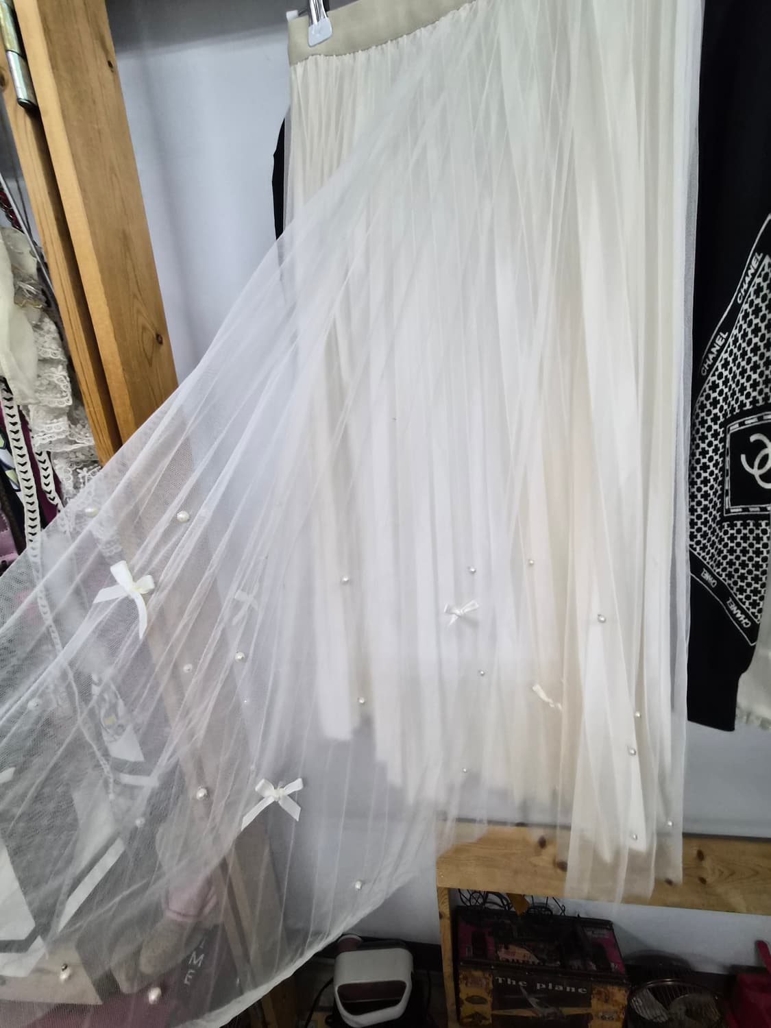 명품 면실크 라운드 얄상니트.진주 리본 샤 스커트 상품이미지8