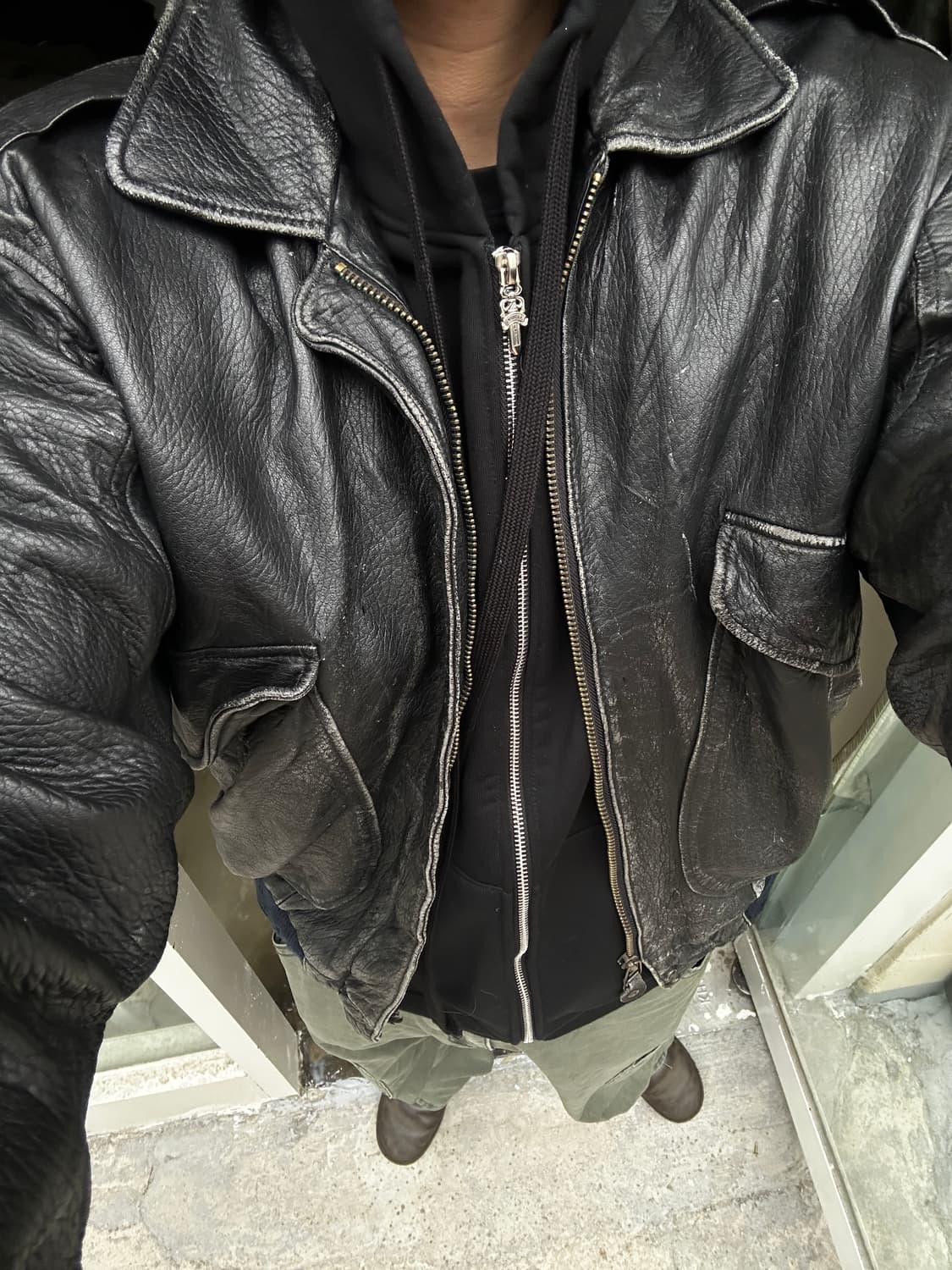 90s windt A-2 기반 변형 레더 블루종 플라이트 자켓 상품이미지1