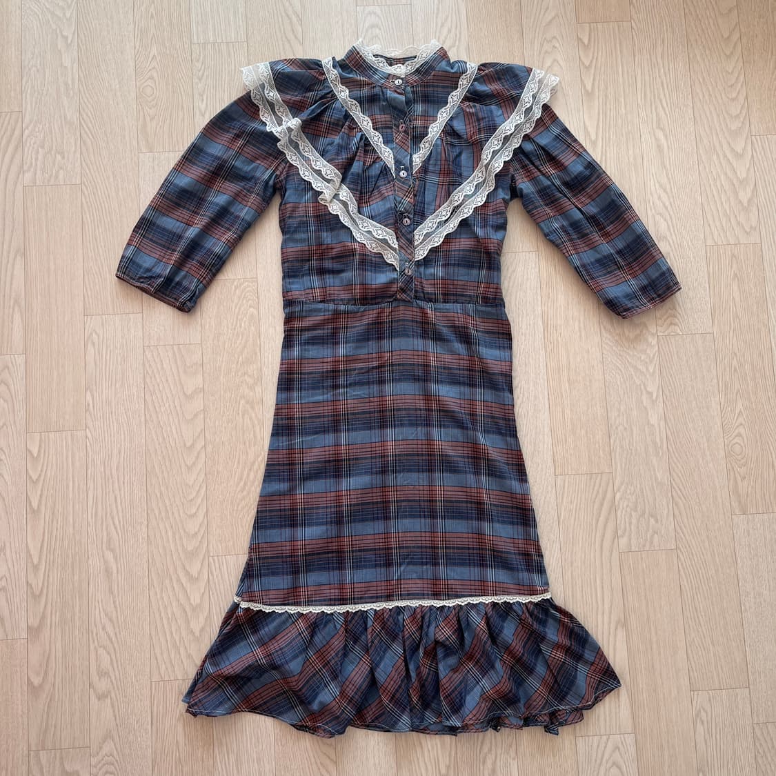 빈티지 체크 레이스 원피스 상품이미지1