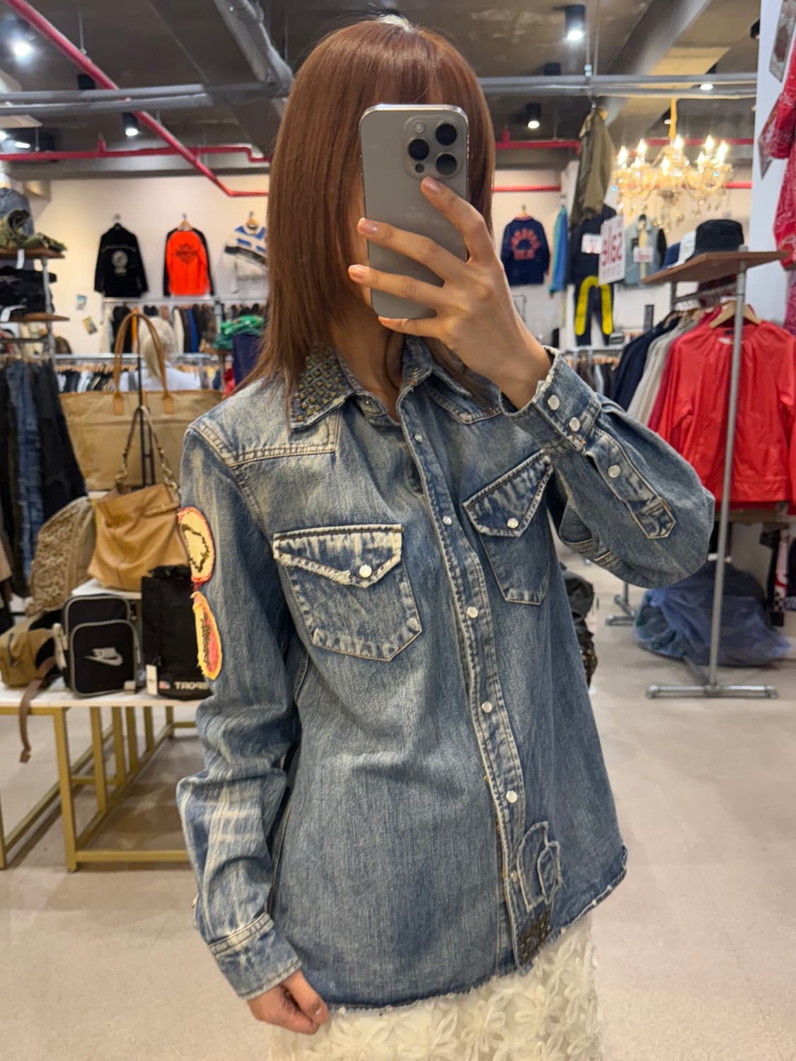 빈티지 스터드 디테일 패치워크 데님셔츠 상품이미지4