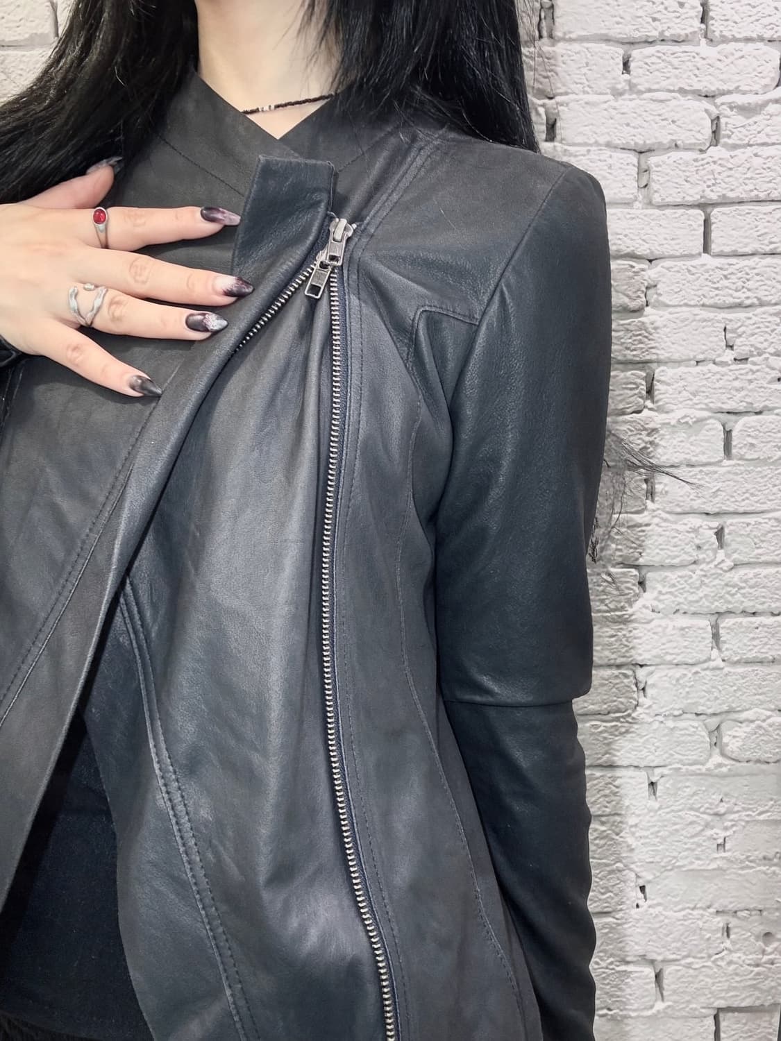 Asymmetric Goat Leather Moto Jacket 상품이미지3