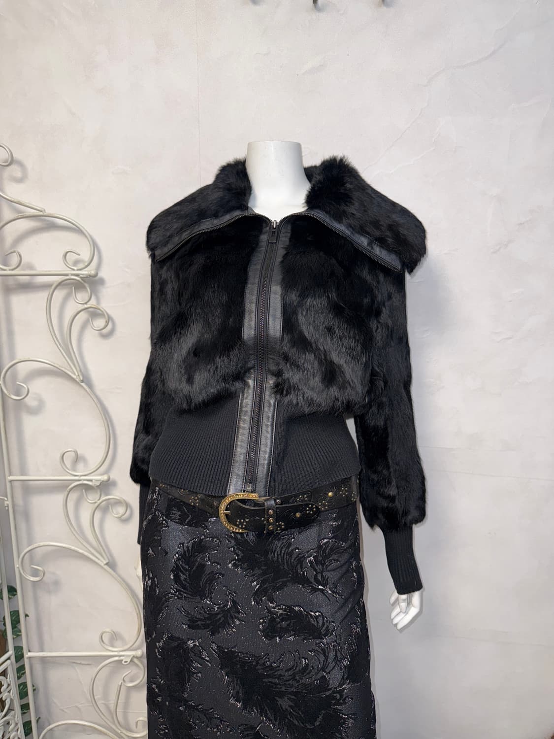 Black rabbit fur big collar zipup jacket 상품이미지4