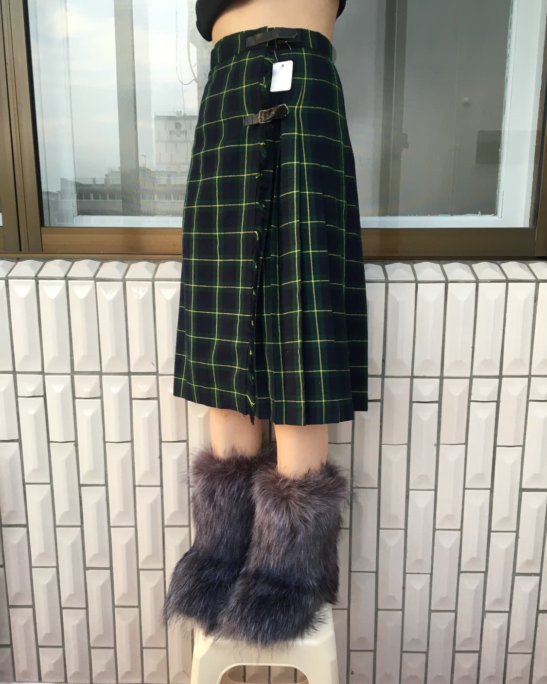 Belted wrap woolen check pattern skirt 상품이미지7