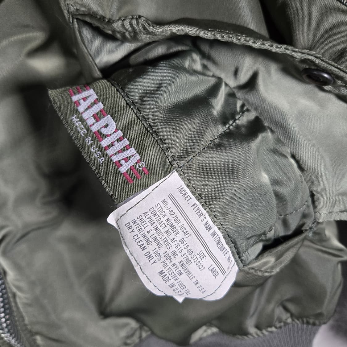 90s 미공군 납품용 알파인더스트리 MA-1 플라이트자켓 카키 상품이미지5
