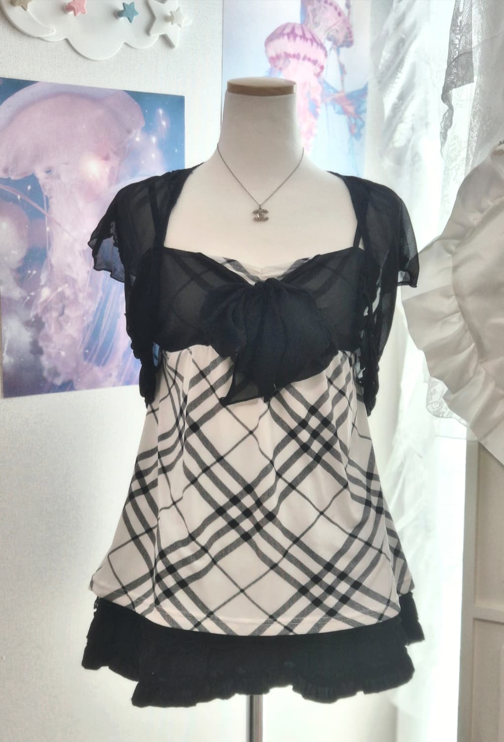 노바체크 리본 슬리브리스 오네갸루 히메갸루 공겜여주 상품이미지1