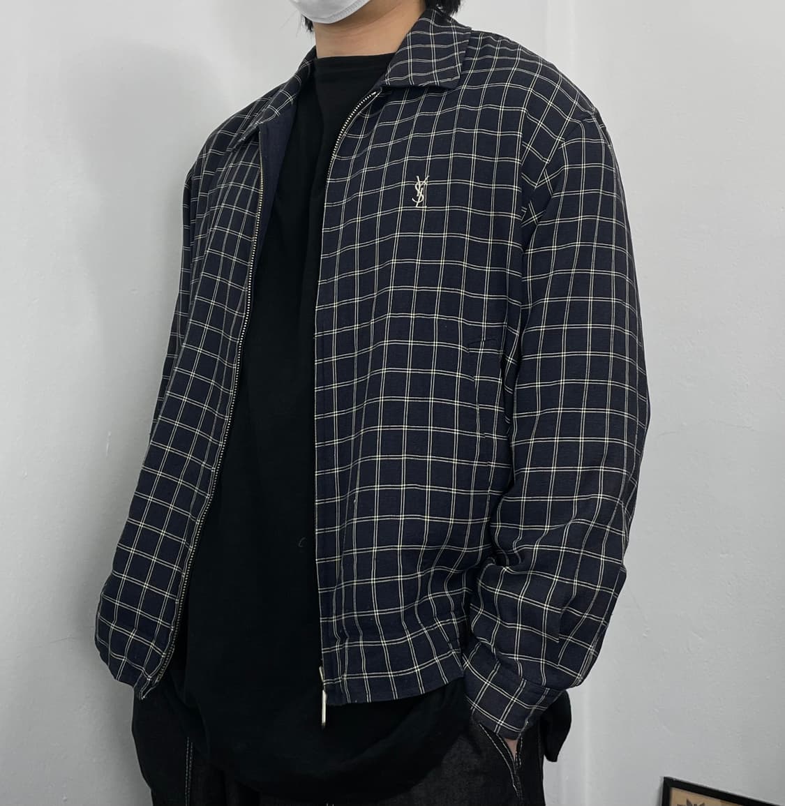 XL 입생로랑 체크 린넨 시스루 블루종 자켓 상품이미지1