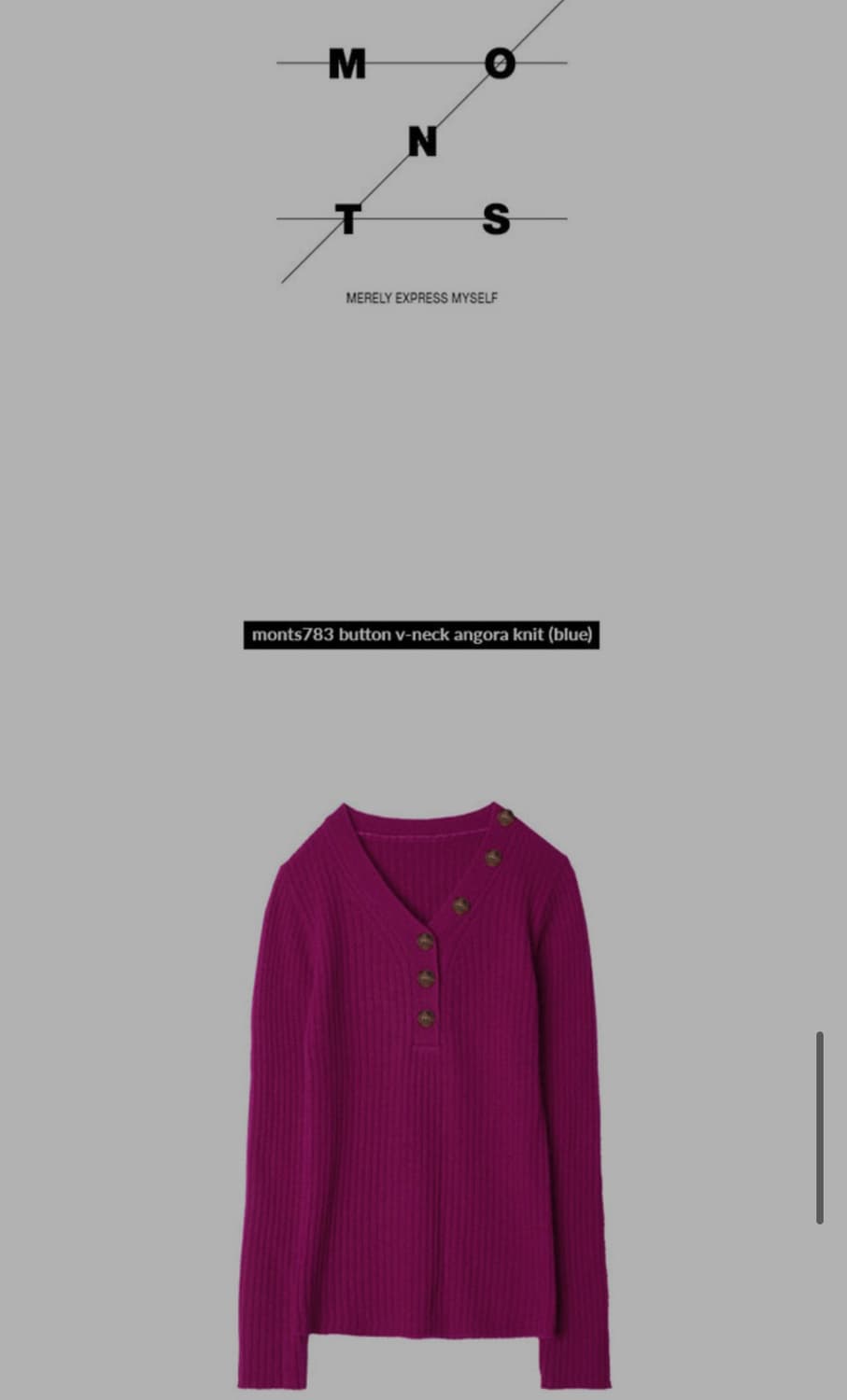 새상품 몬츠(MONTS) 브이넥 골지 니트  핫핑크 단추 포인트 상품이미지4