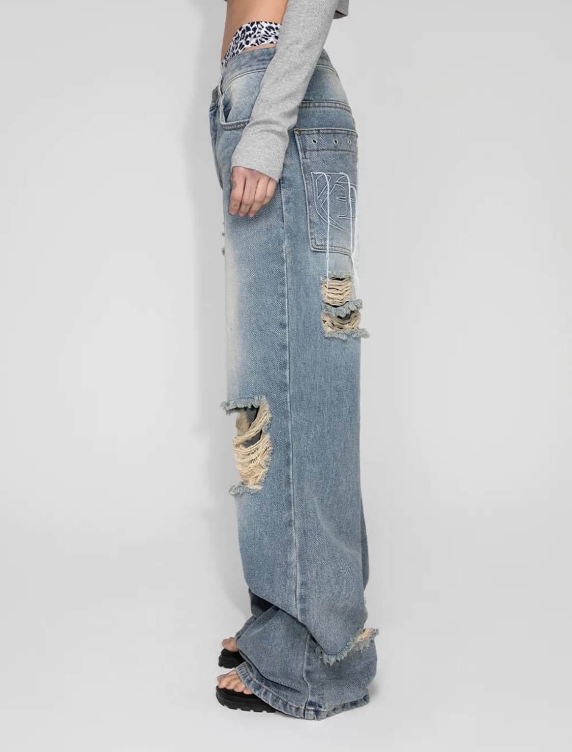 YEEL 워싱 디스트로이드 데님 팬츠 블루 상품이미지3