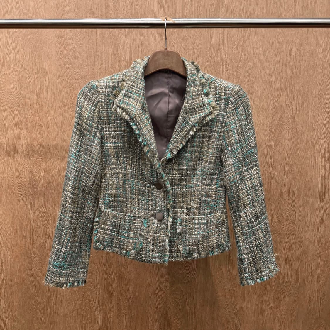 빈티지 트위드 자켓 숄카라 플랩 포켓 프린지 마감 디테일 슬림핏 그린 상품이미지2