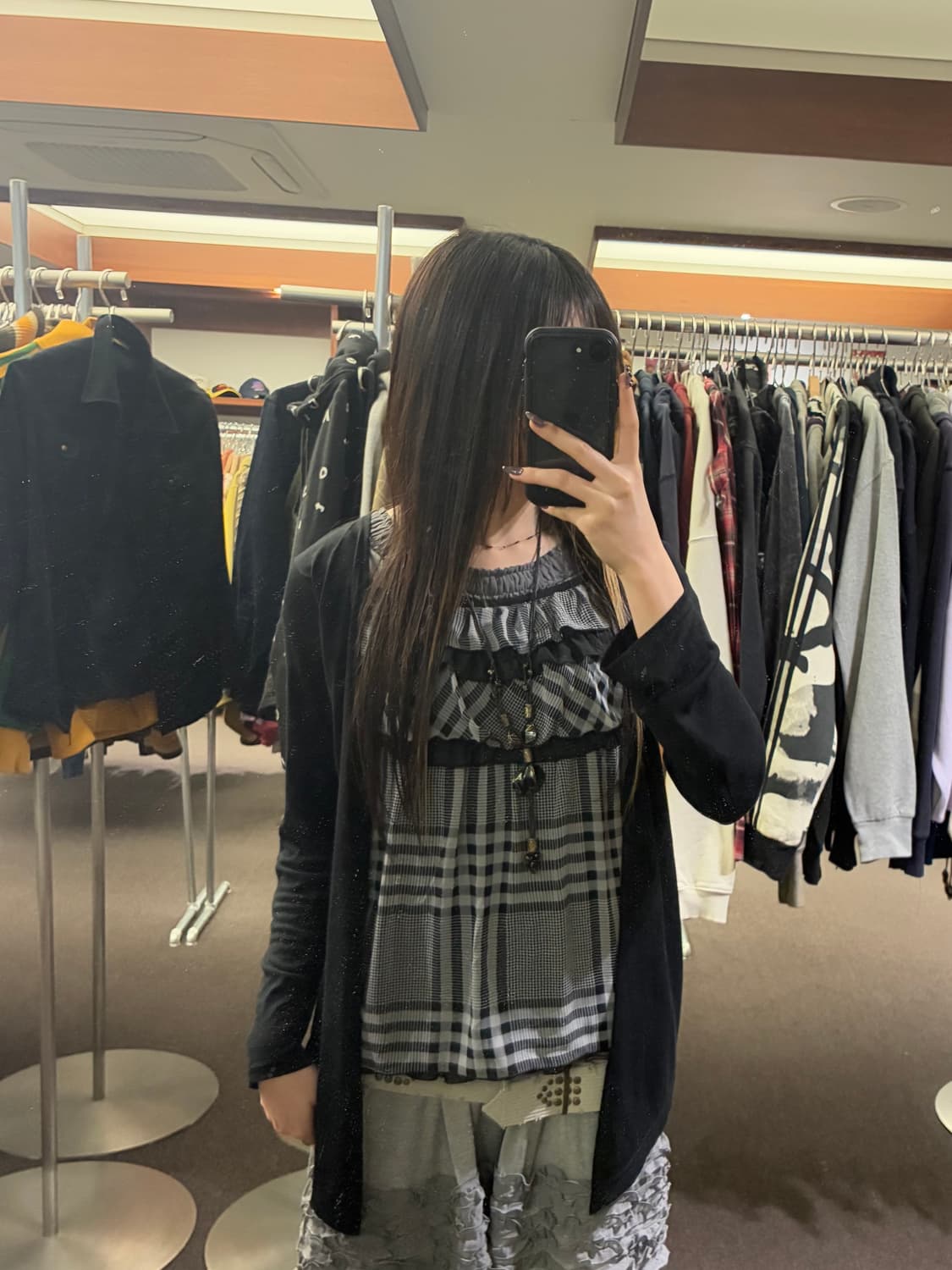 M)Japanese vintage 여성 체크 레이스 레이어드 롱슬리브 상품이미지1