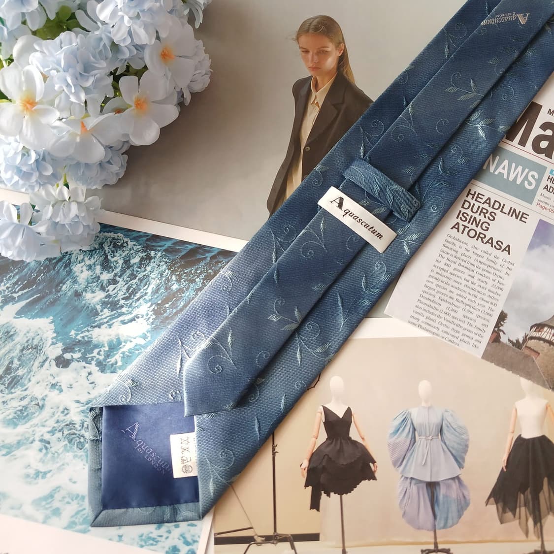 아쿠아스큐텀 실크 블루 자카드 패턴 넥타이 9.3cm A등급 A19560 상품이미지4