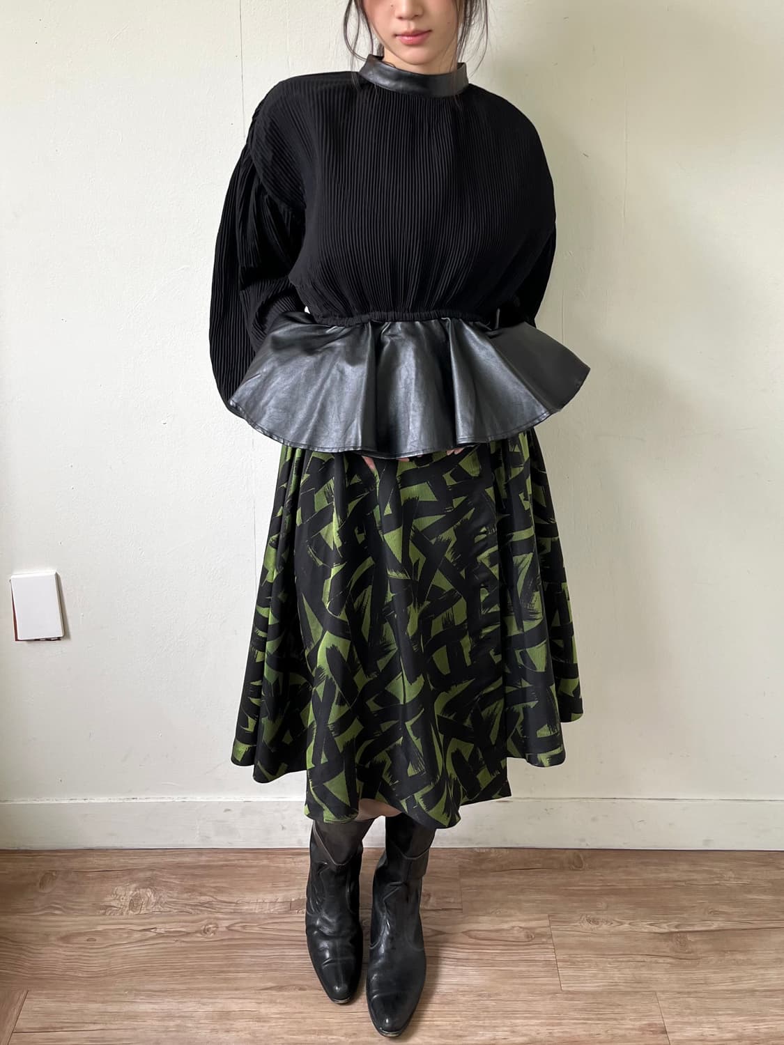 Japan vtg 레더 플리츠 탑 상품이미지5