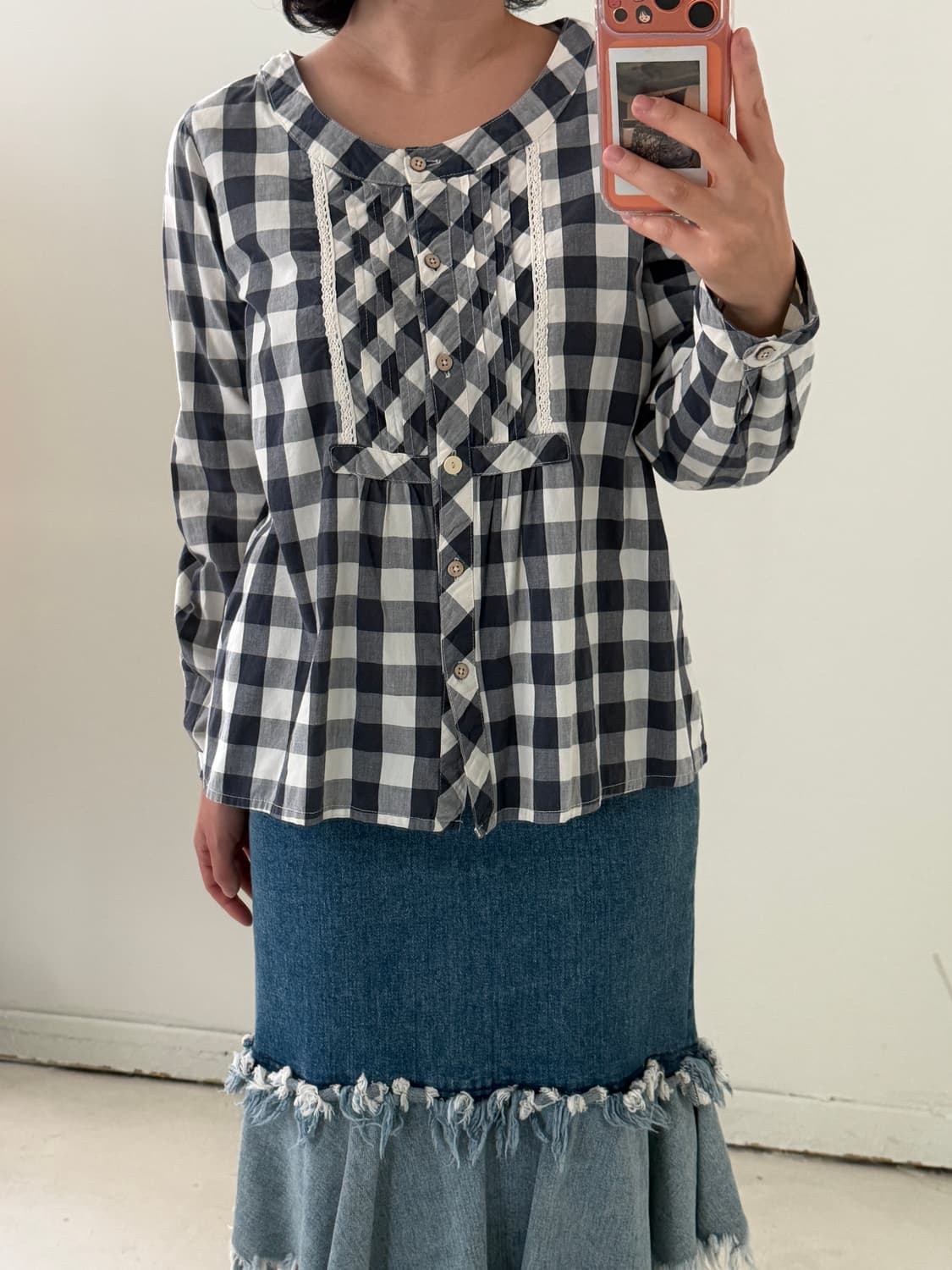 일본빈티지 네이비 체크 레이스 블라우스 상품이미지3
