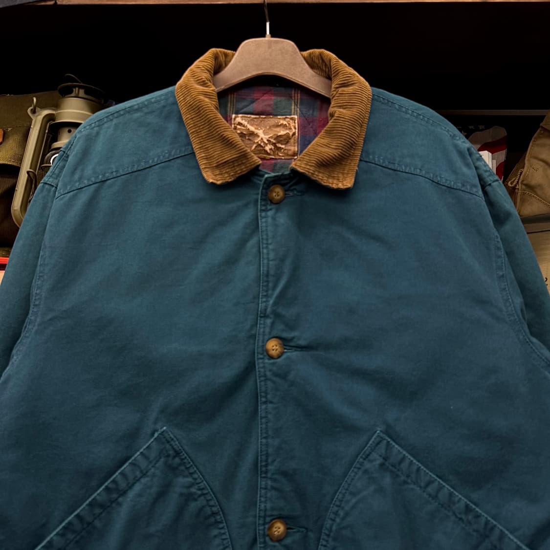 80s USA 헤비 캔버스 체크 라이닝 워크 헌팅 초어 자켓 청록 상품이미지3
