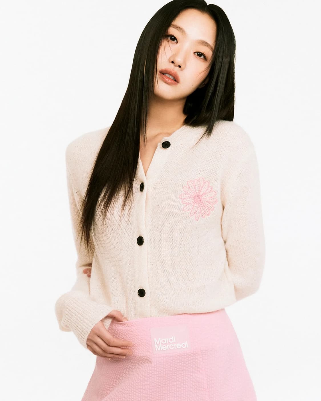 마르디 메크르디 모헤어 플라워 김고은 가디건 아이보리 핑크 상품이미지4
