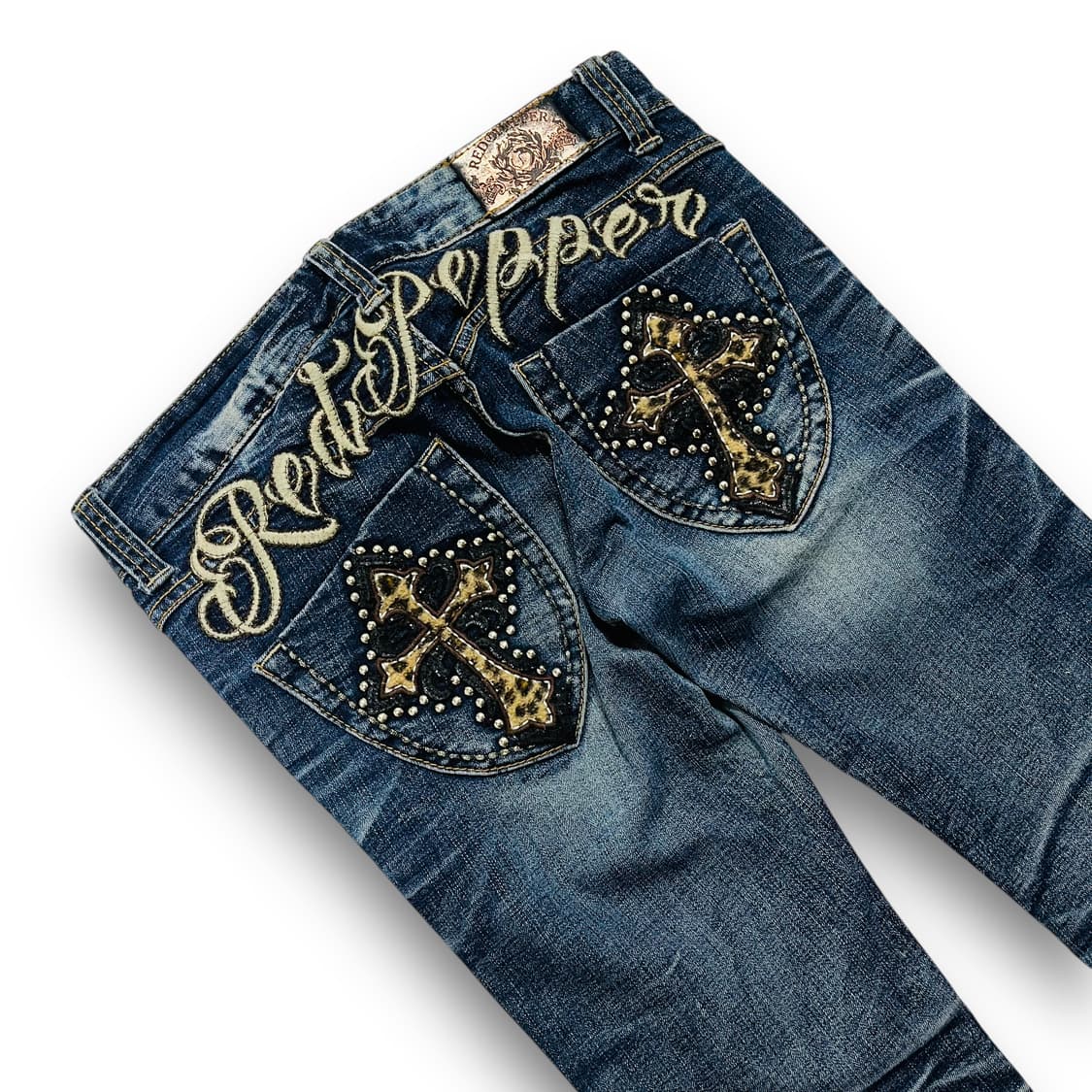 레드 페퍼 크로스 레오파드 스터드 펑크 데님 팬츠 상품이미지3