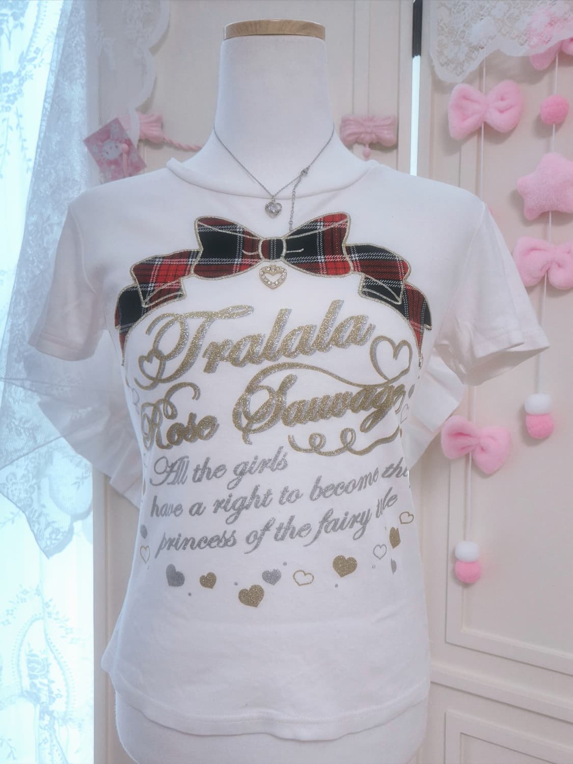 Tralala 트랄라라 체크 리본 하트챰 반팔 티셔츠 헤이세이 오네갸루 상품이미지1