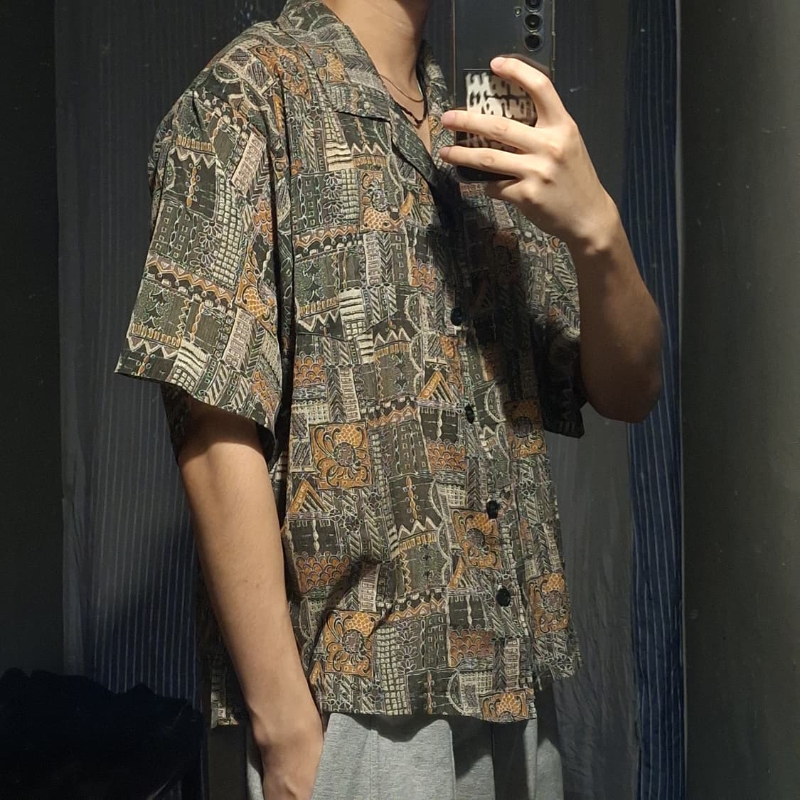 빈티지 카키 브라운 에스닉 스퀘어 패턴 하와이안 반팔셔츠 하프셔츠 L 상품이미지3