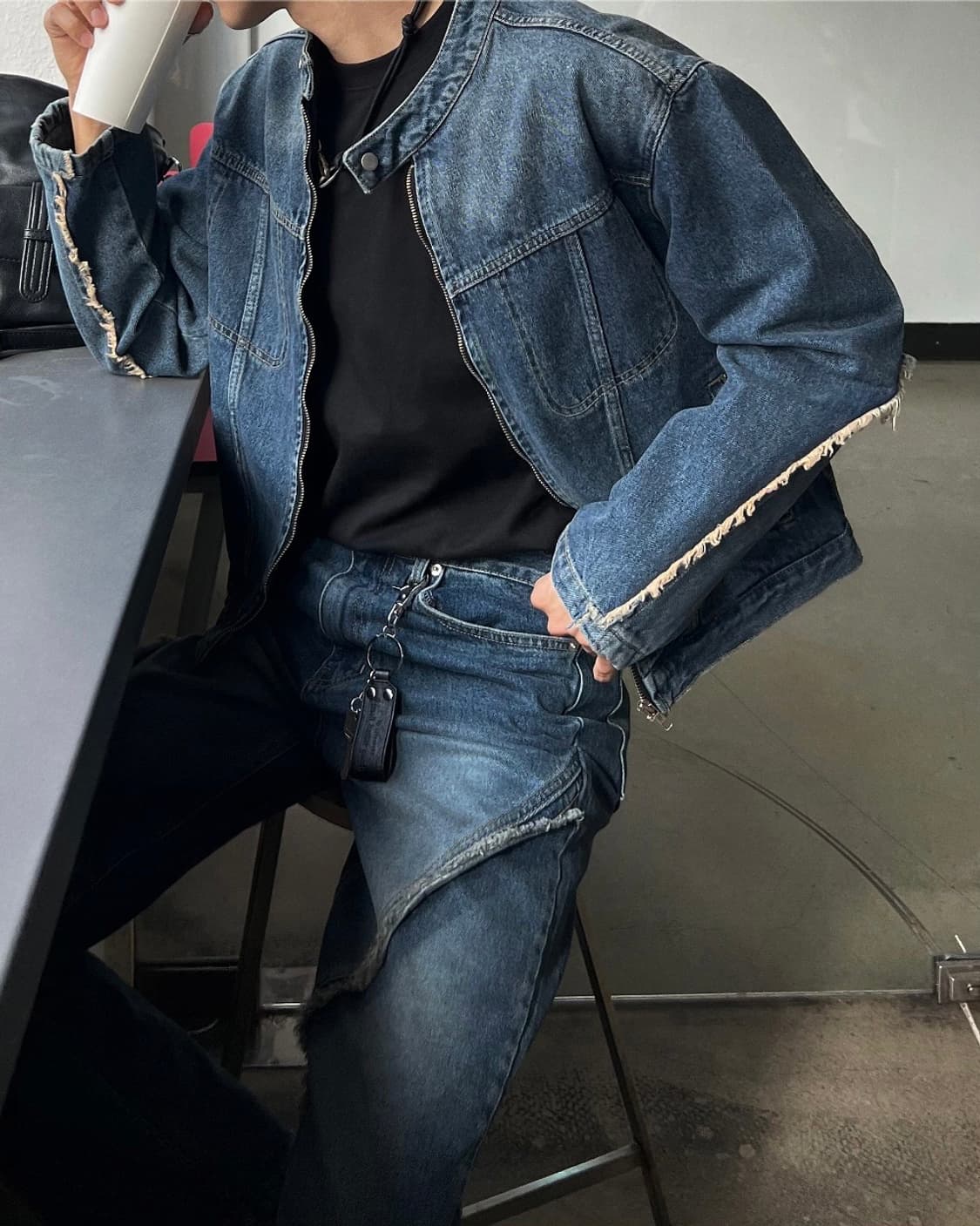 HENDER 사선 절개 중청 워싱 데님 프린지 웨스턴 29 26 일자핏 상품이미지2