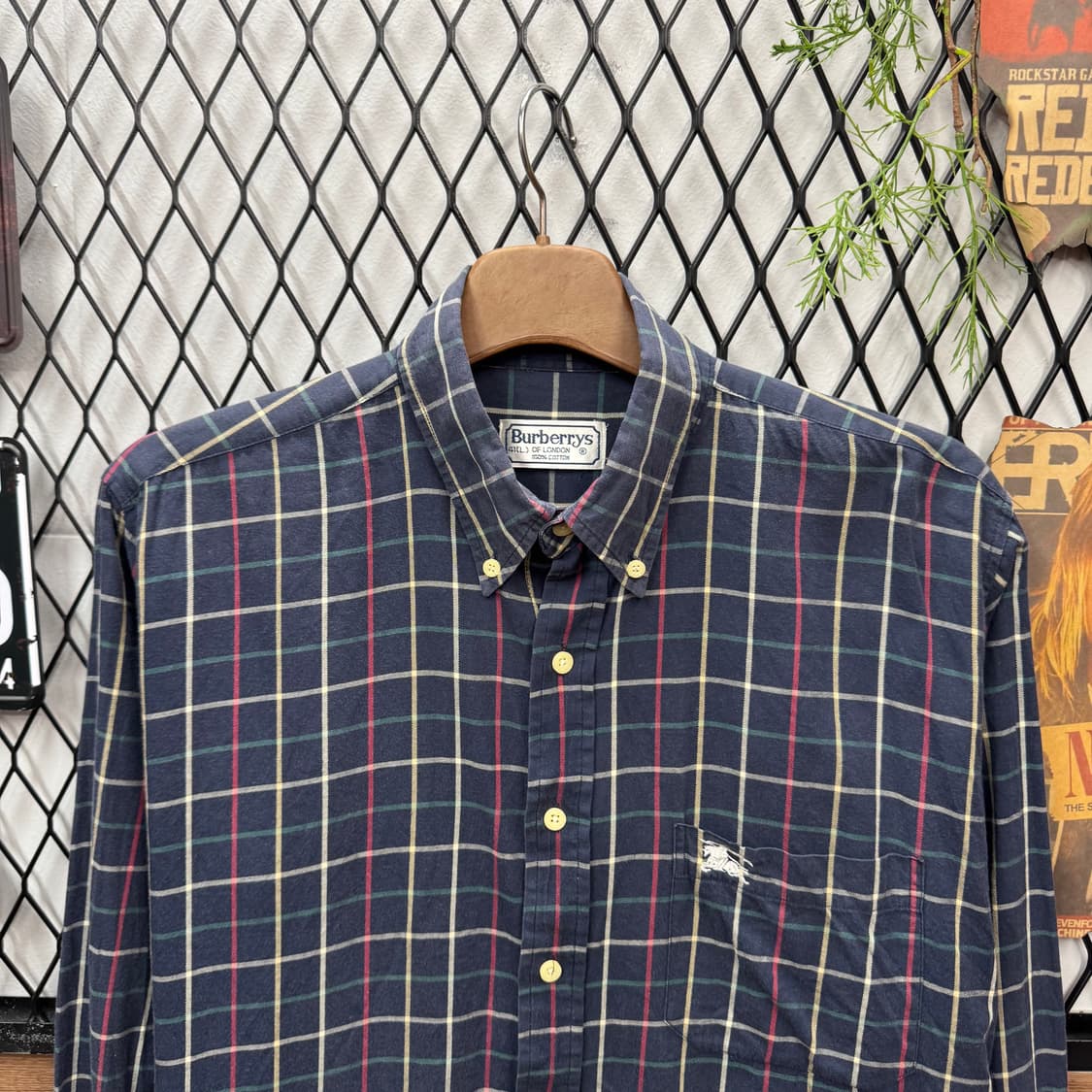 90s 버버리 스트라이프 긴팔 셔츠 전면 원포켓 포인트 네이비 그레이 상품이미지3