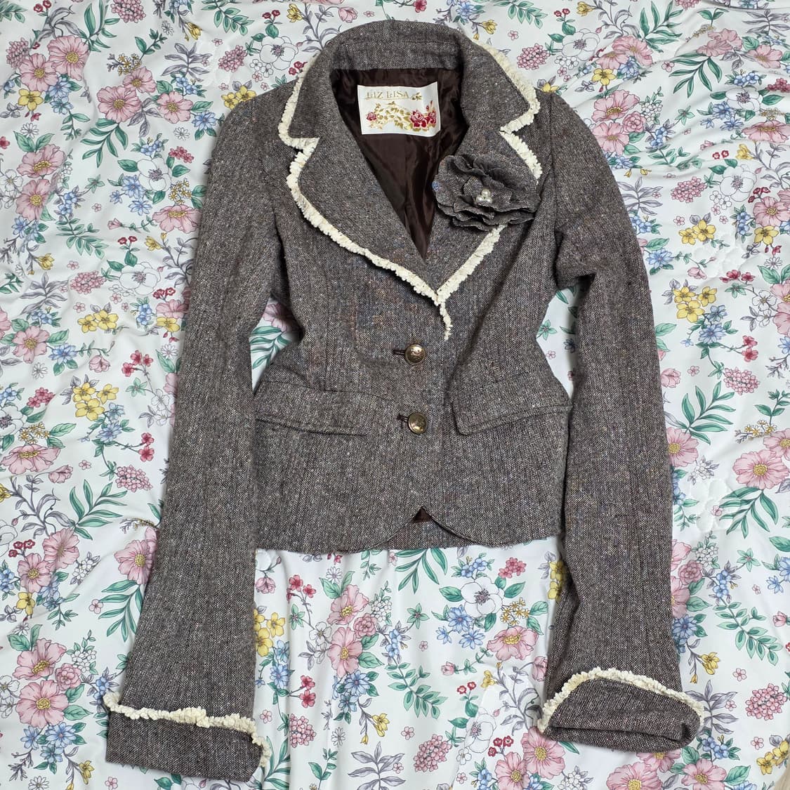 교판/고전 리즈리사)일본빈티지 트위드 라떼히메갸루로리타 코사지 자켓마이 상품이미지1
