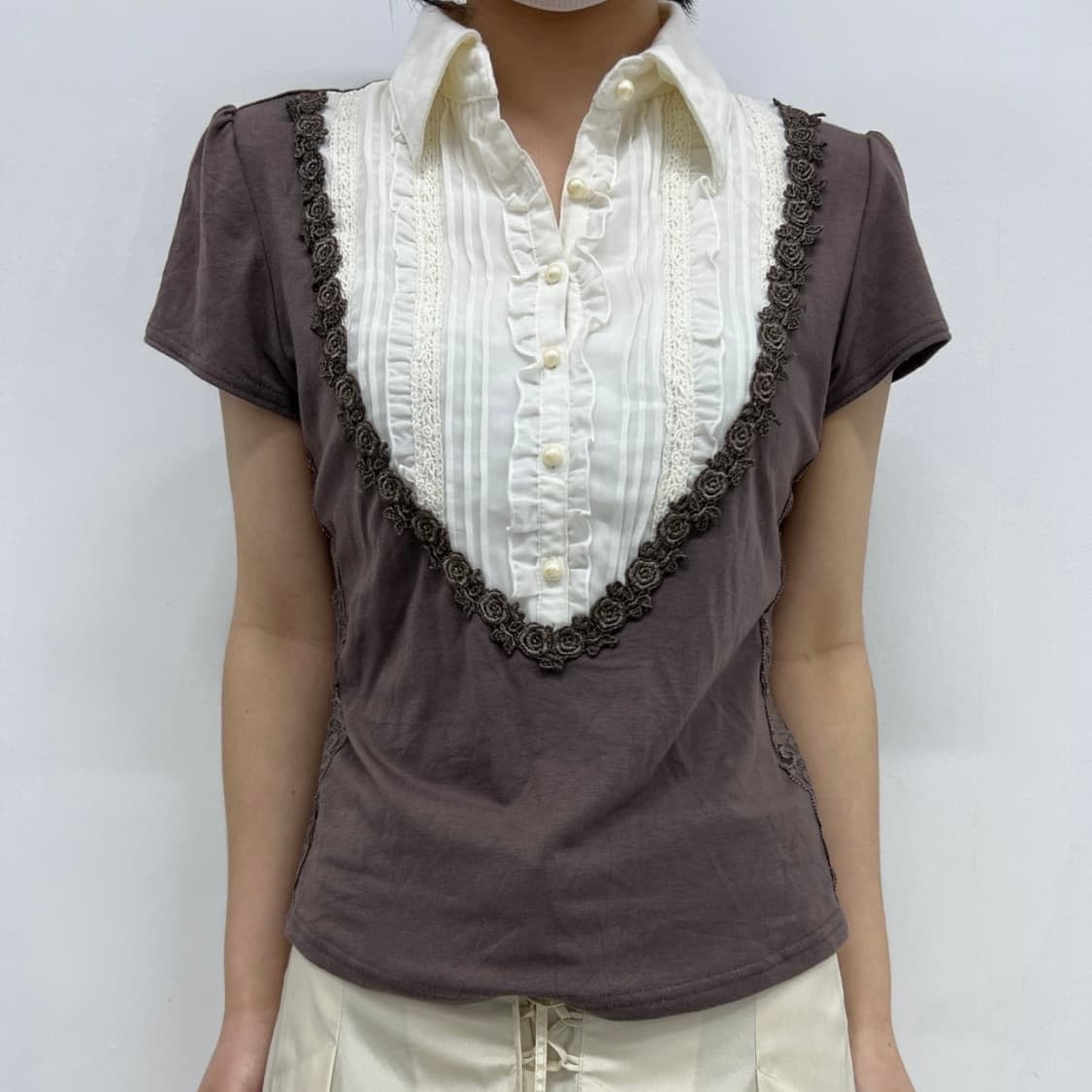 brown lace frill shirt 상품이미지2