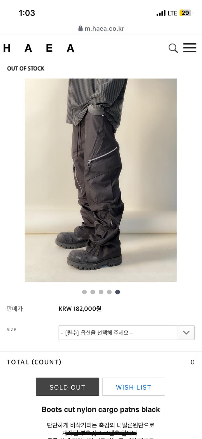 haea 해아 부츠컷 나일론 블랙 카고 팬츠/os 상품이미지6