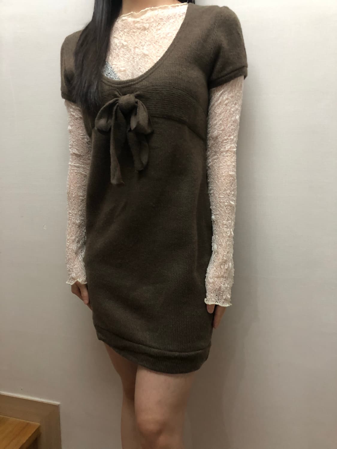 빈티지 브라운 리본 니트 원피스 상품이미지4