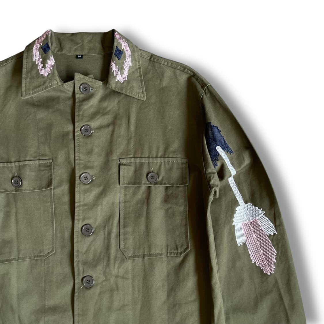 빈티지 카키 자수 워크 셔츠 자켓 M 상품이미지3