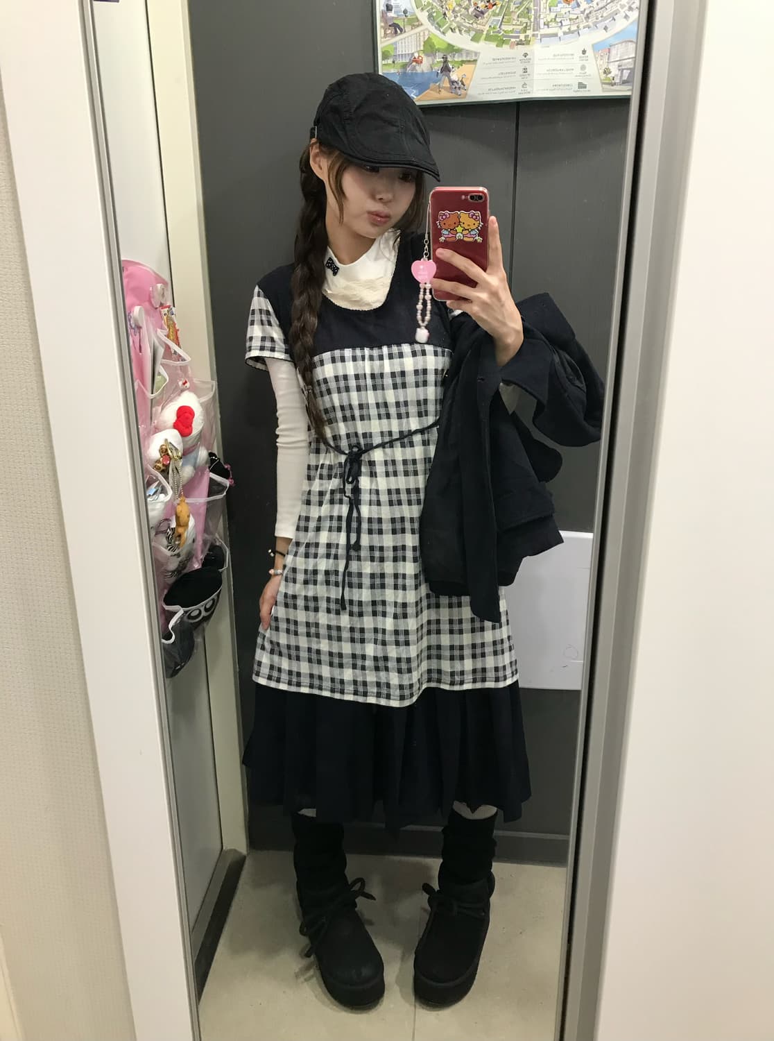 네이비 케이프 코트 니혼진 체크 코디세트 상품이미지3