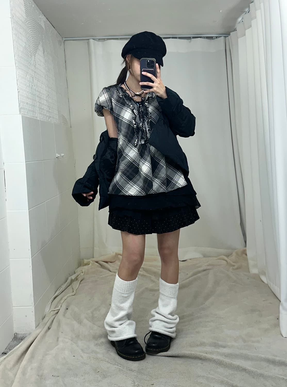 데일리 무채색 모리걸 체크 도트 패딩 코디세트 상품이미지2
