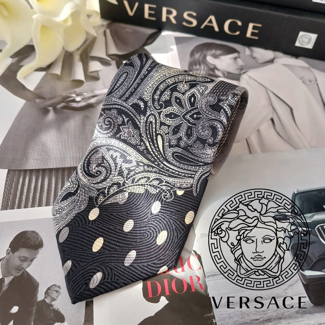 VERSACE 베르사체 실크 그레이 페이즐리&도트 넥타이 9.3cm A등 상품이미지1
