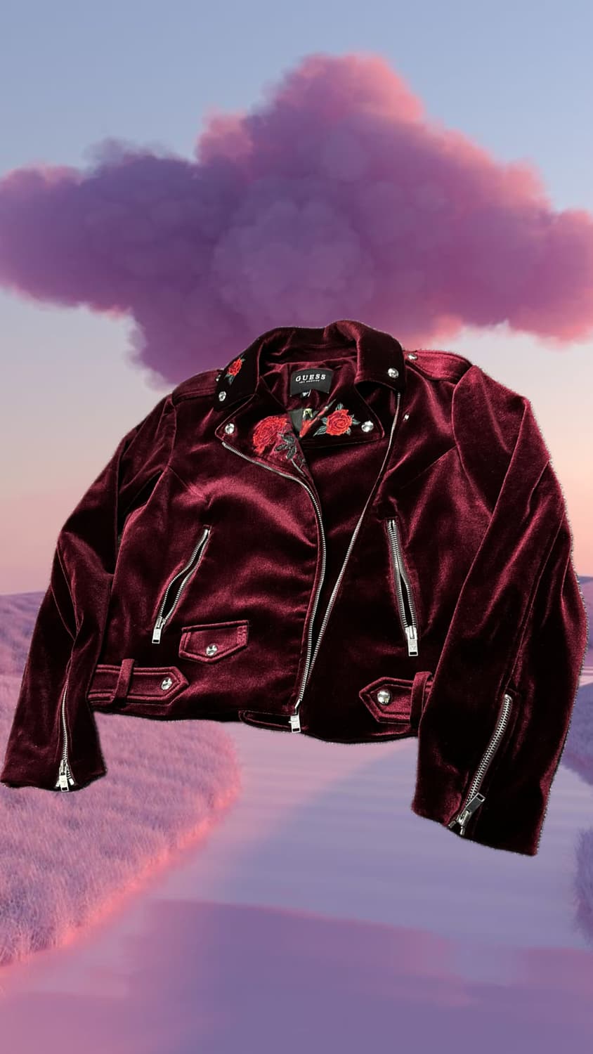 게스 벨벳 버건디 로즈 자수 바이커 자켓 상품이미지1