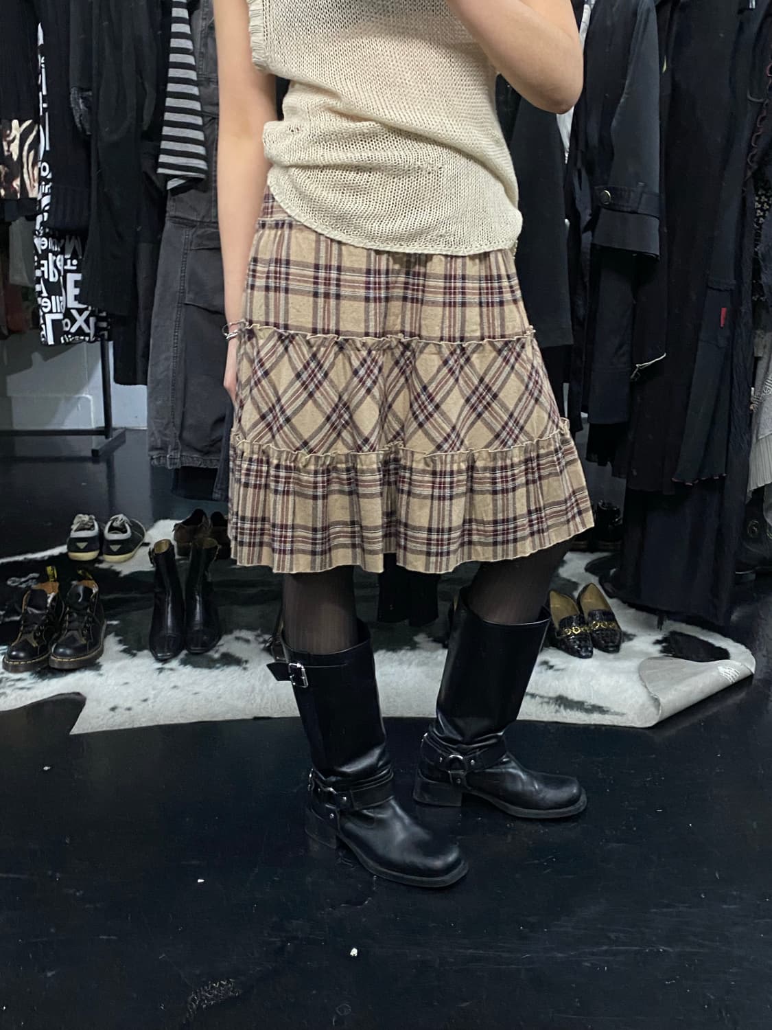 Japanese vtg 체크 프릴 미디스커트 상품이미지1