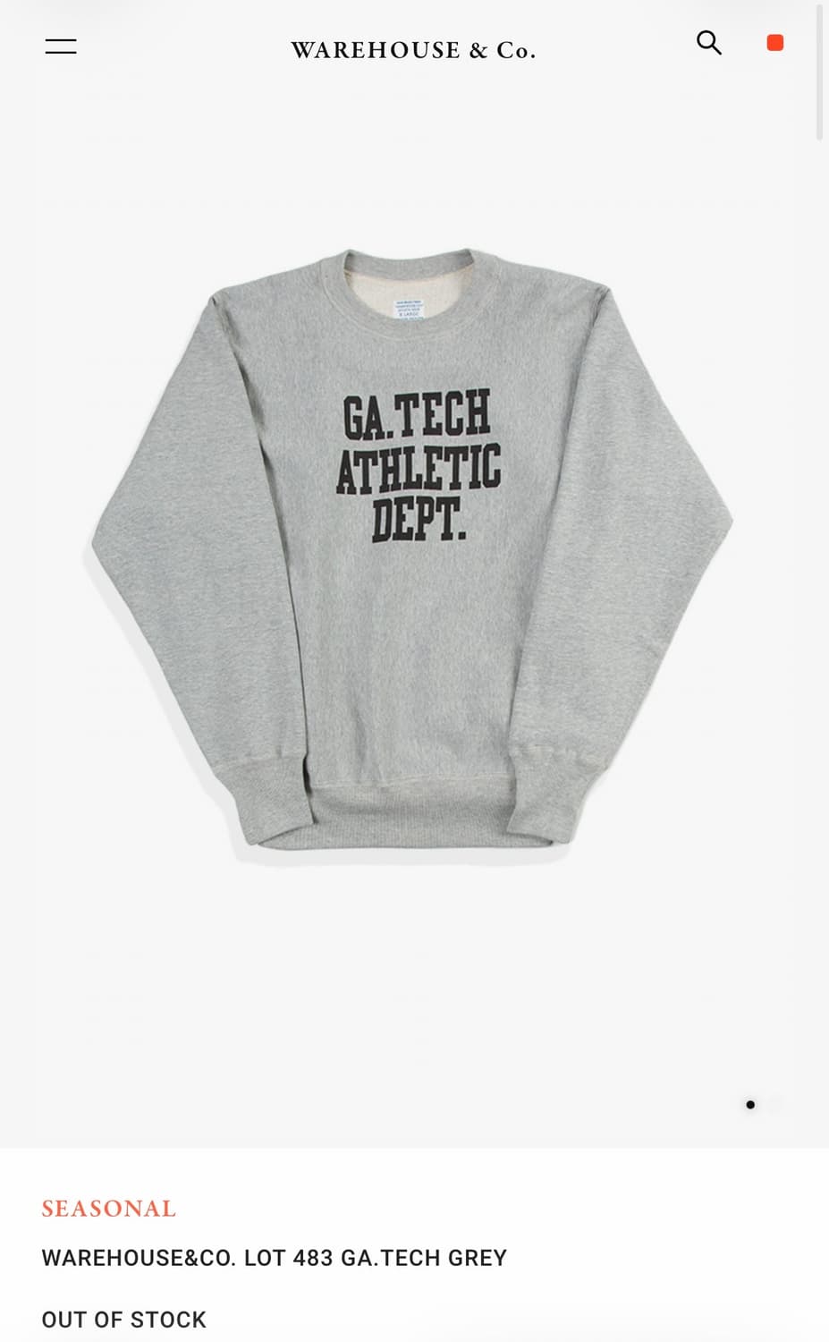 WAREHOUSE 웨어하우스 lot 483 GA.TECH 맨투맨 그레이 상품이미지1