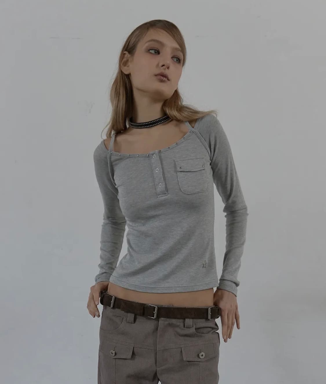 셋업이엑스이 레이어드 슬리브티 멜란지그레이  상품이미지1