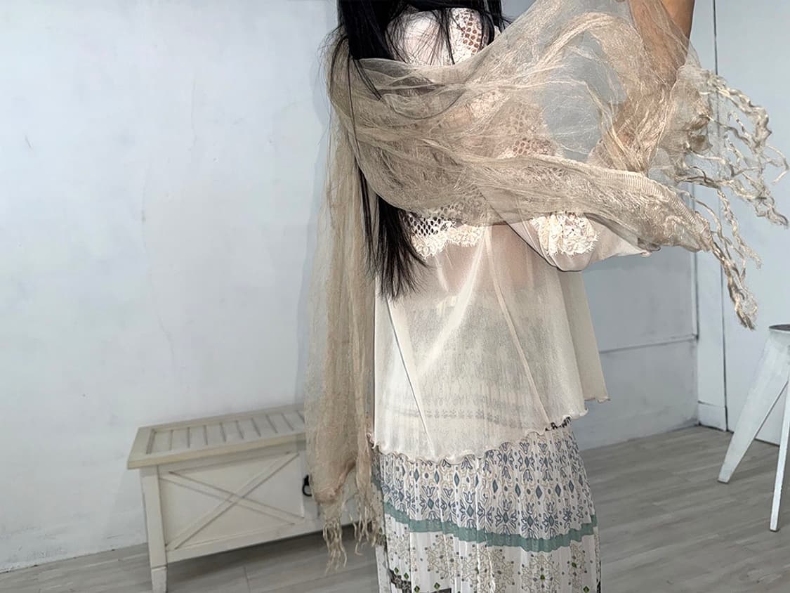 Beige Sheer Fringe Scarf 상품이미지7