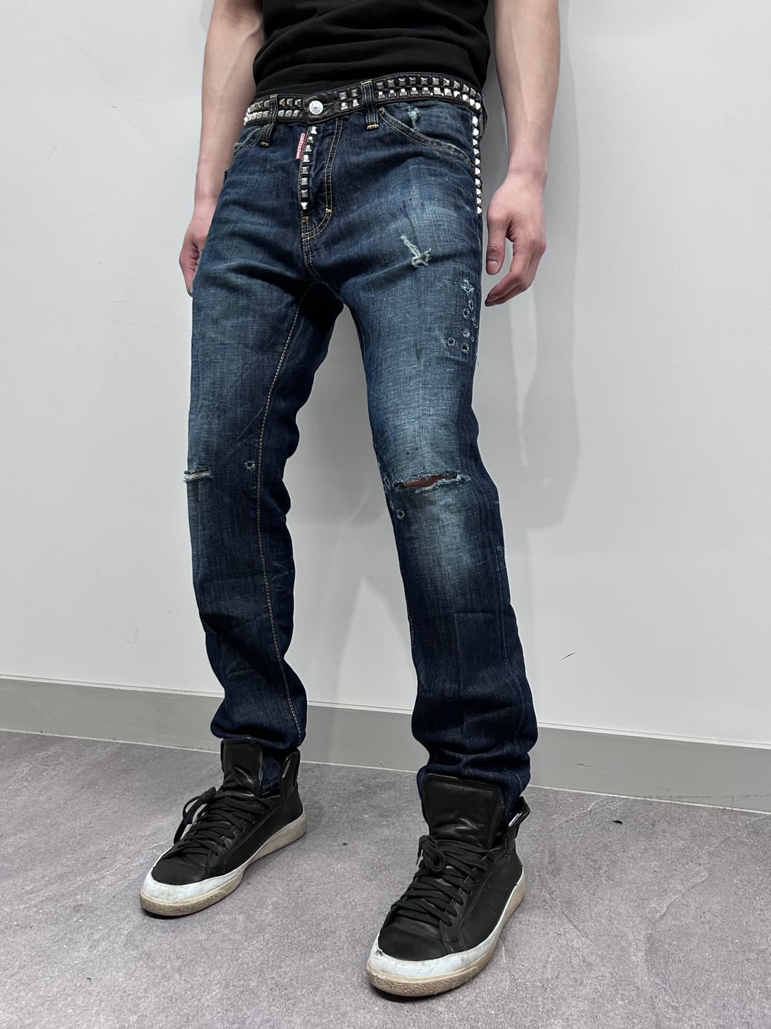 디스퀘어드2 12ss 아카이브 스터드 레더 벨트 데님 팬츠 상품이미지1