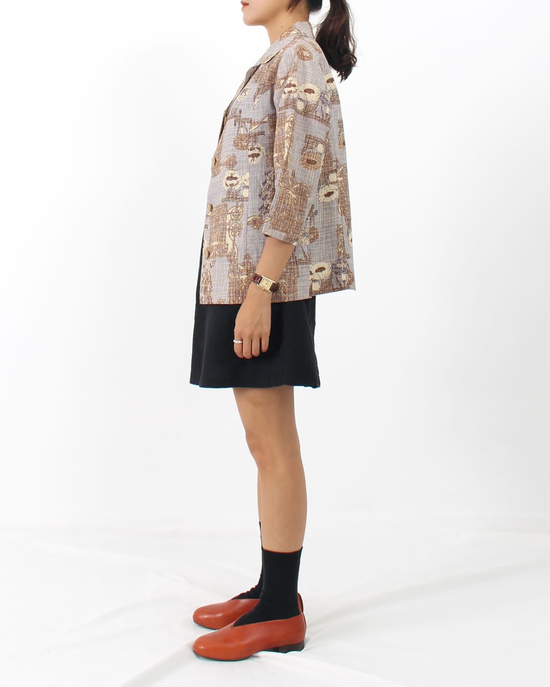 일본 빈티지 퍼플 플라워 체크 패턴 7부 소매 블라우스 상품이미지6