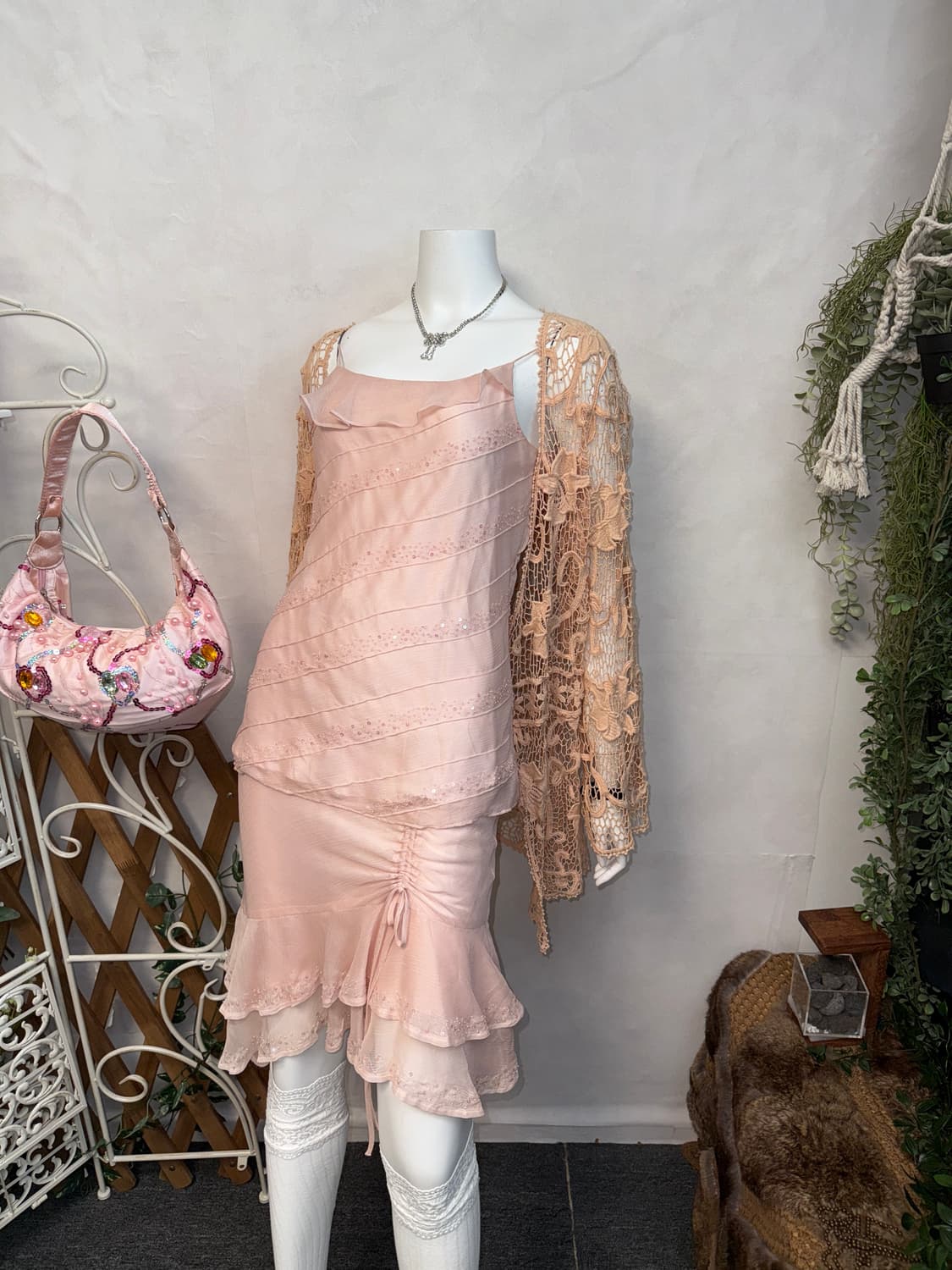Coral pink oriental crochet loose 가디건 상품이미지4