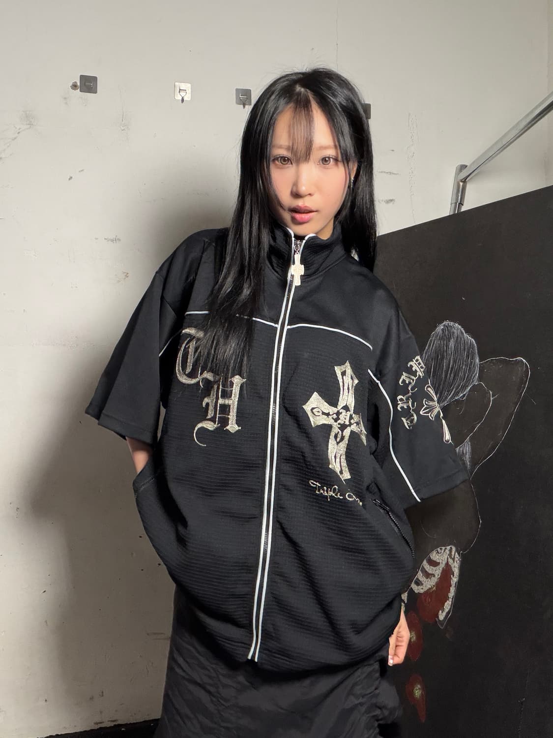 JPN 일본 빈티지 고딕풍 십자가 프린팅 오버핏 반팔 져지 집업  상품이미지4