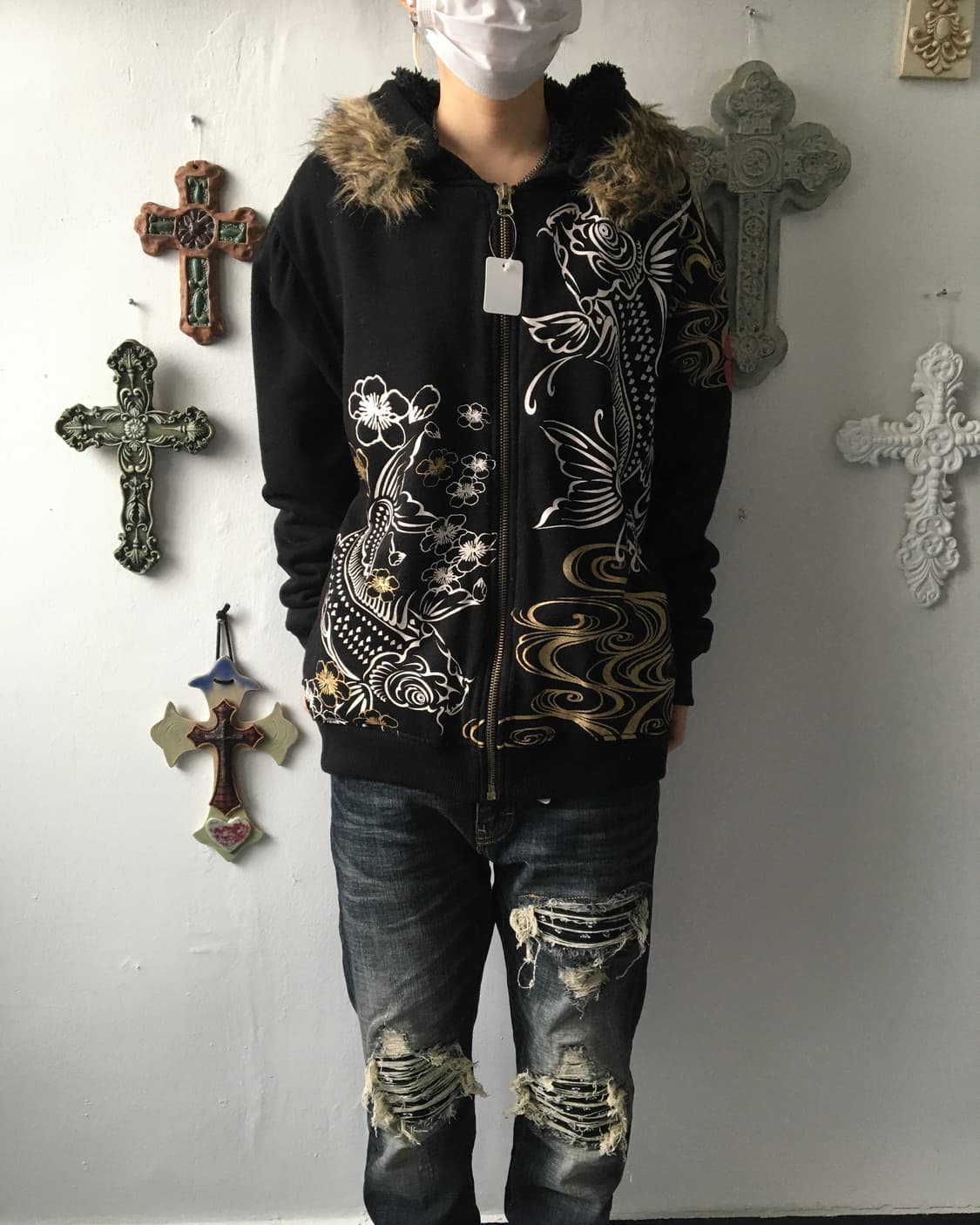 Fake fur hood oriental printing zip up 상품이미지9